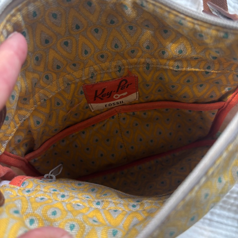 Fossil Key-Per Bird Print Coated Canvas Crossbody Bag Gray Yellow Multi - Picture 7 of 8